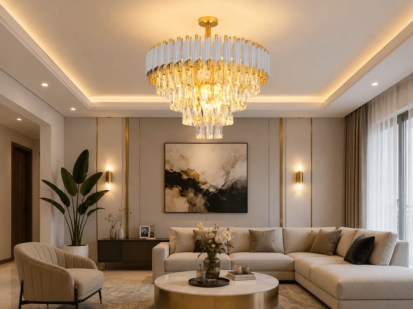 Lustre Cristal Luxe Moderne Or & Blanc