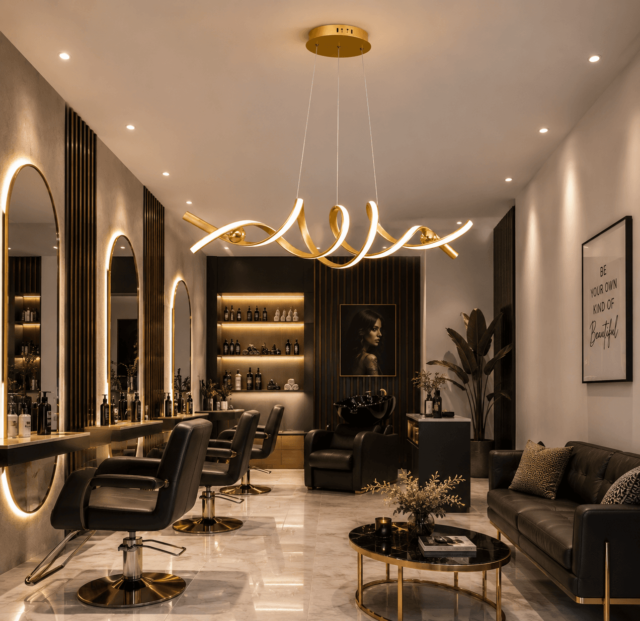Lustre LED Suspendu Design Ruban Doré Premium