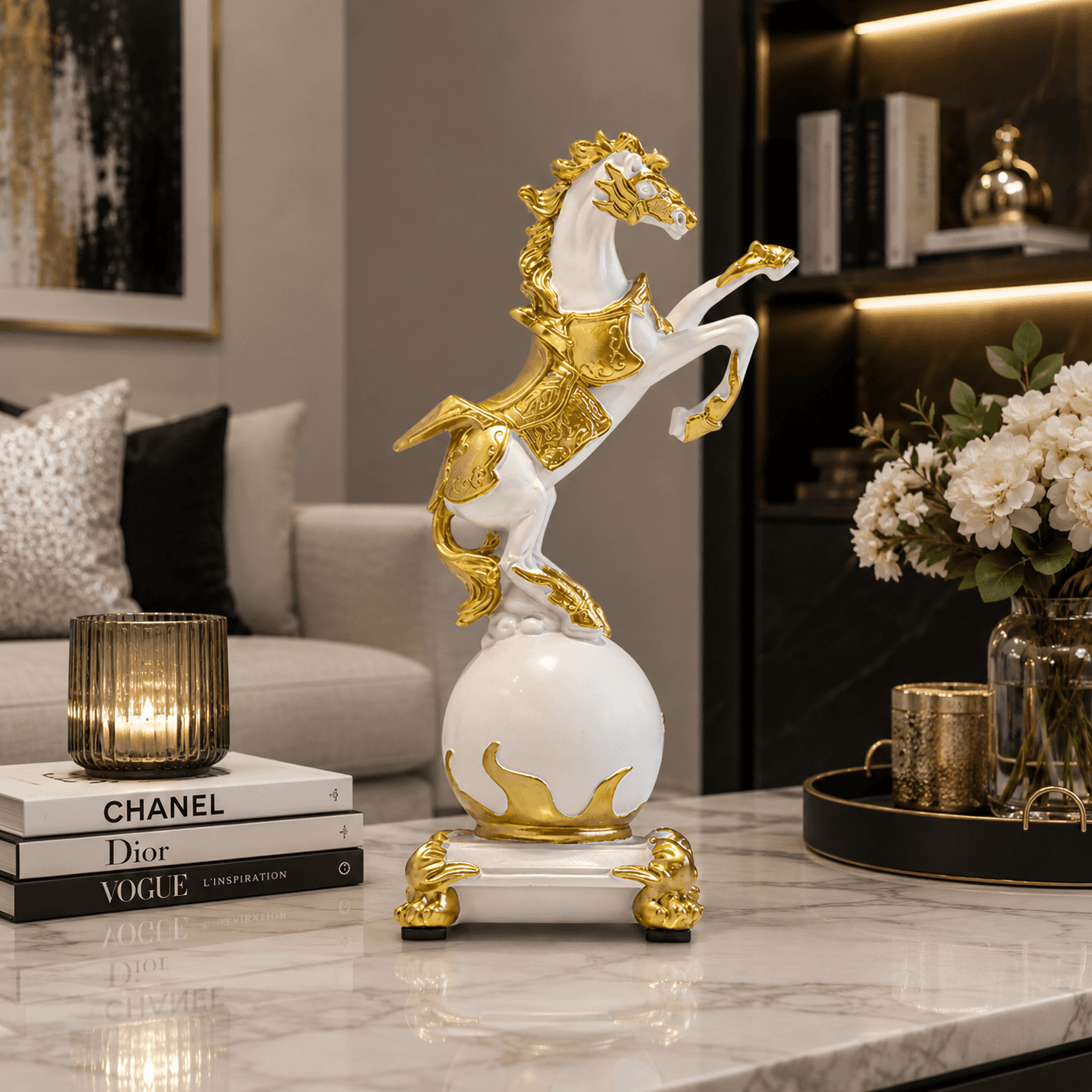 Statue Cheval Royal Blanc & Or