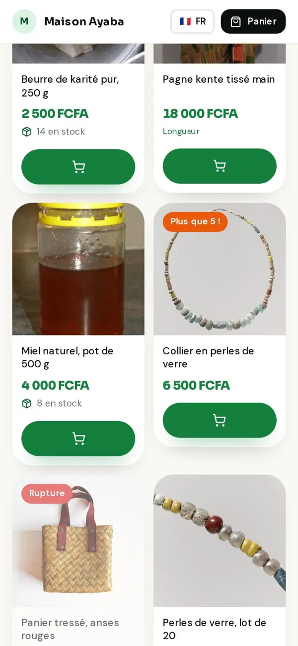 Grille de produits avec prix en F CFA, stock restant et badge Rupture