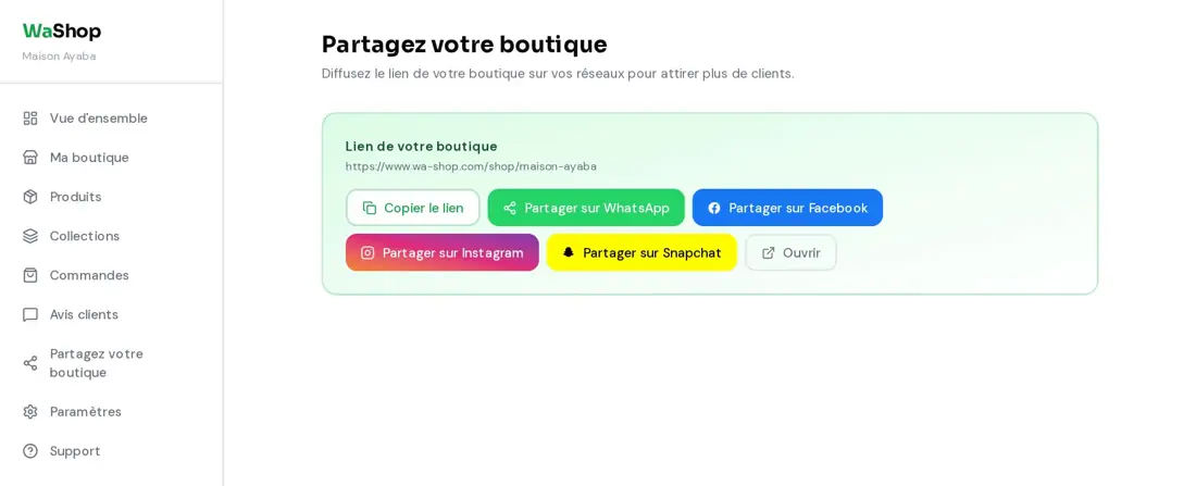 Page Partage du tableau de bord : lien de la boutique, bouton copier et boutons de partage